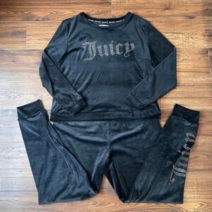 Juicy Couture Black Velour Tracksuit Set Rhinestone Women L Loungewear Coquette